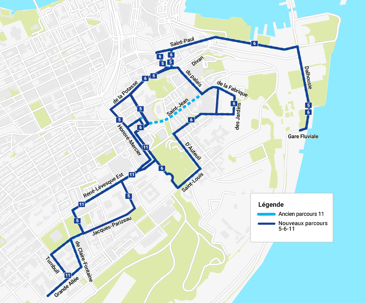 Carte de révision du service dans le Vieux-Québec - Parcours 5-6-11
