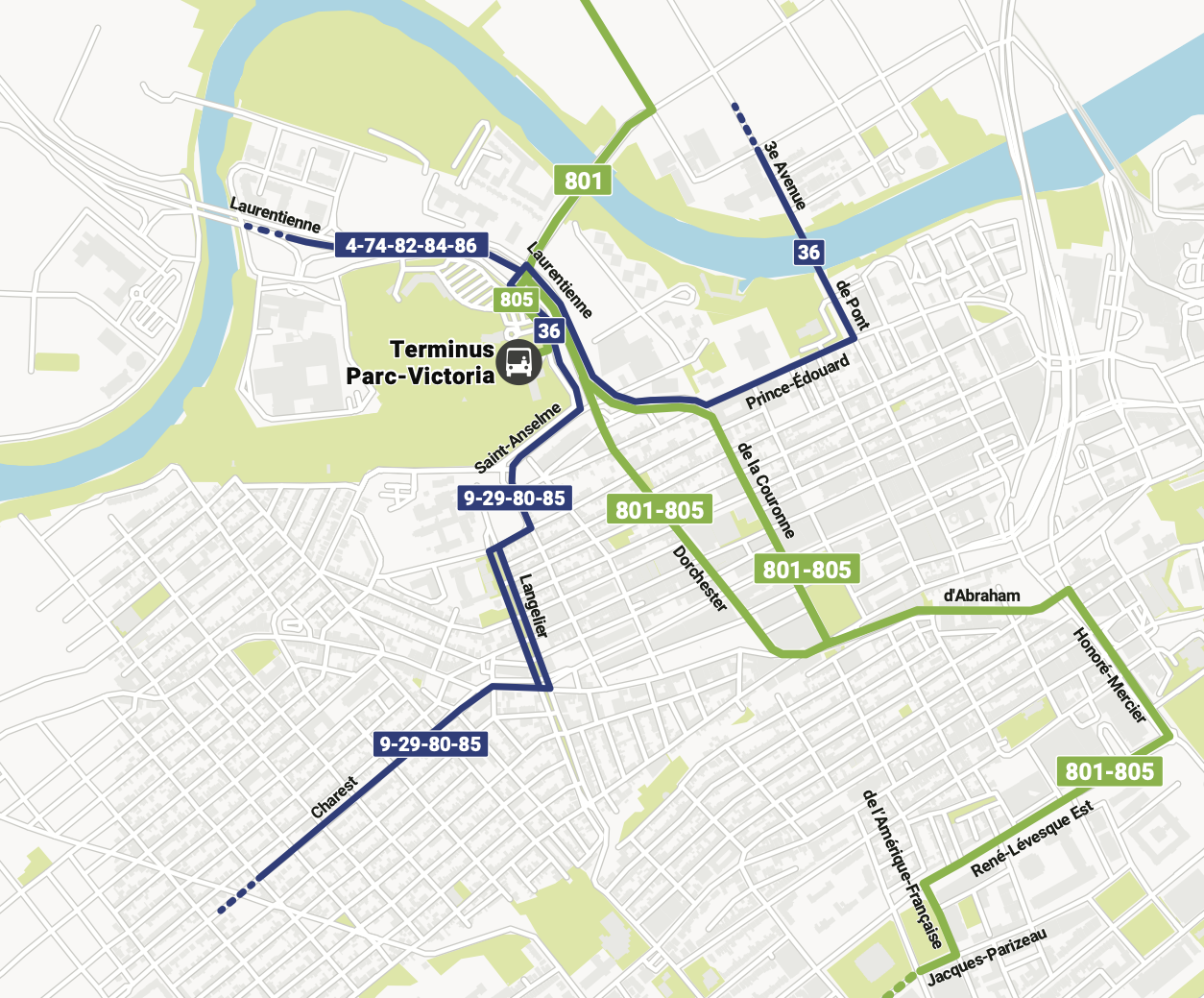 Carte du nouveau lieu de fin et départ au terminus Parc-Victoria - Parcours 4, 9, 29, 36, 74, 80, 82, 84 et 86