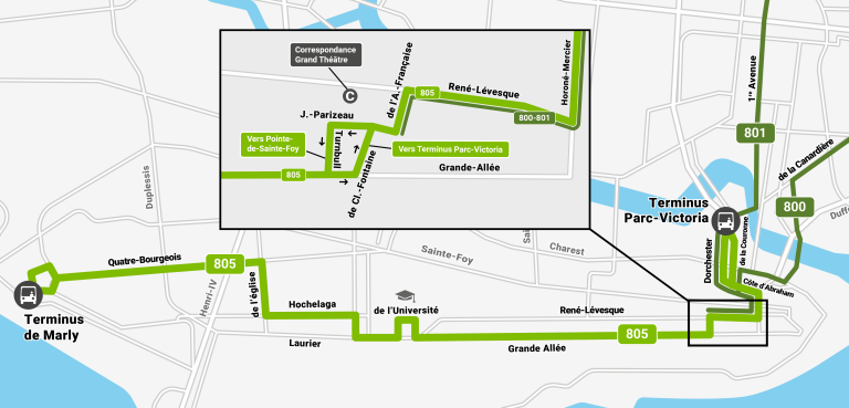 Carte du nouveau Métrobus 805 et tracés modifiés des Métrobus 800 et 801